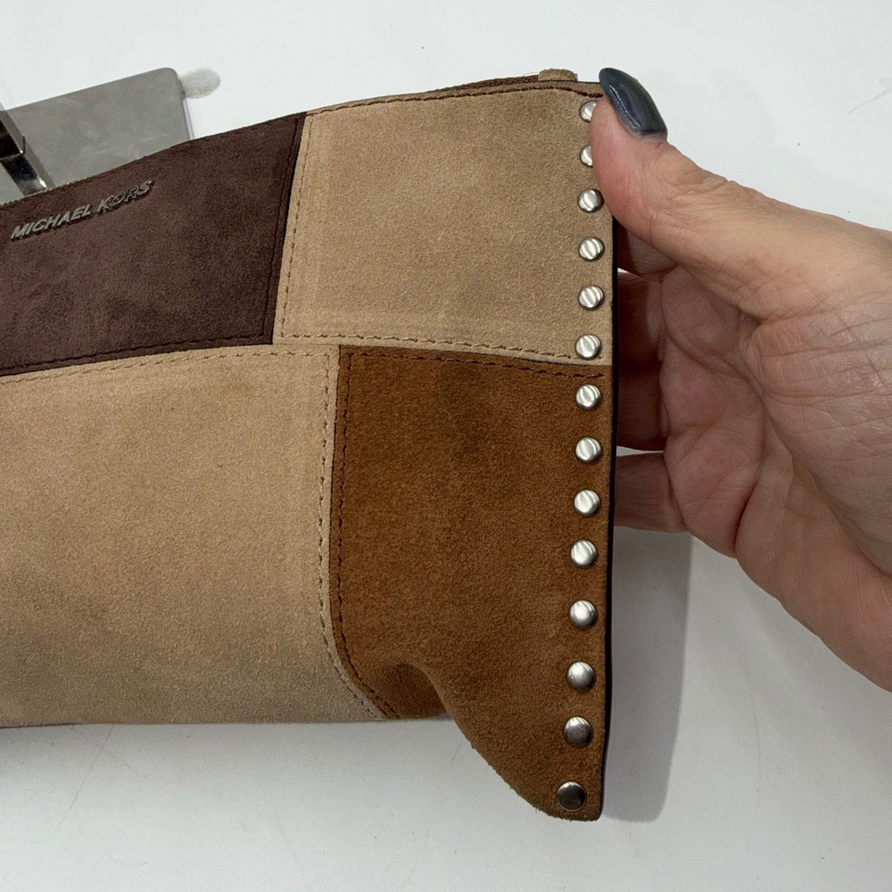 Michael Kors Suede Patchwork Studded Wristlet Clutch Brown Tan Silver Studs - Picture 4 of 13